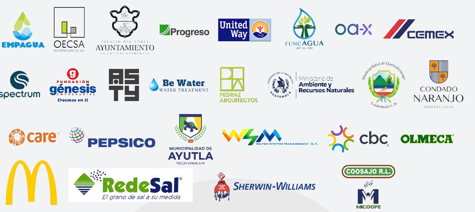 Logotipos de clientes: EMPAGUA, OECSA, Ayuntamiento de La Antigua Guatemala, Progreso, United Way, FUNCAGUA, OA-X, CEMEX, Spectrum, Fundación Génesis Empresarial, ASTY, Be Water, Pedraz Arquitectos, Ministerio de Ambiente y Recursos Naturales, Municipalidad de Quetzaltenango, Condado Naranjo, CARE, PepsiCo, Municipalidad de Ayutla, Water System Management, CBC, Olmeca, McDonald's, RedeSal, Sherwin-Williams y COOSAJO R.L.